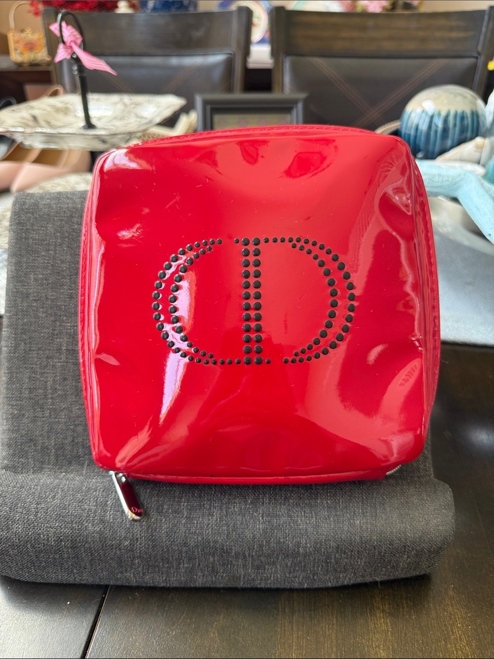 Dior Beaute Red Shiny Logo Zipper Cosmetic Pouch